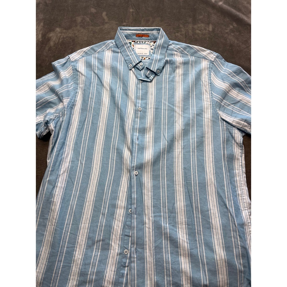 PORTER & ASH Mens XL Blue White Stripe Short Sleeve Button Up Shirt Casual‎